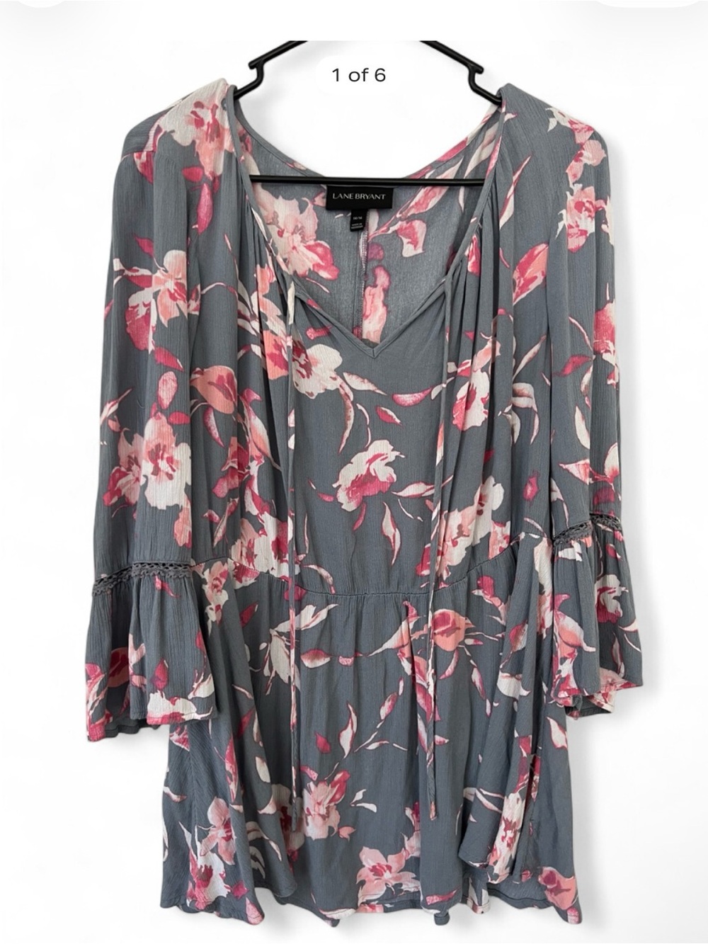 Lane Bryant Gray Floral Tie-Neck Peplum Tunic - Pink & Cream Flowers